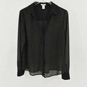 Cache Chiffon Studded Top Womens Size L Black Sheer Button Up Long‎ Sleeve Chic